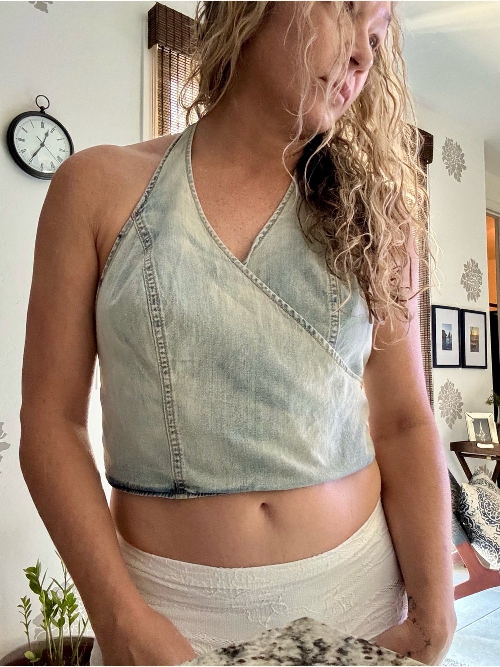 Denim ZARA Halter Wrap Crop Top - Light Blue